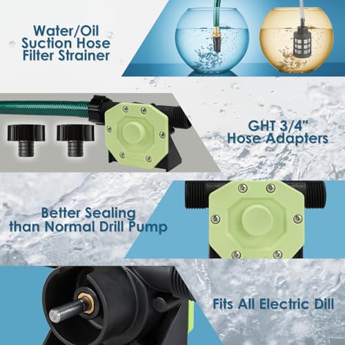 KITLUCK Hand Drill Pump, 750GPH Drill Powered Water Transfer Pump with Water Hose, Oil Tube and Adapter, Manual Water Pump for Drill, Small Self-Priming Electric Drill Pump for Water - color: Green
