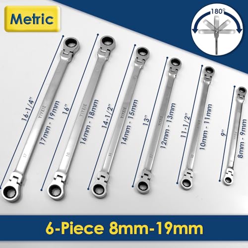 YIYEIE 6 Pcs Extra Long Flex Head Ratcheting Wrench Set, Metric Long Wrench 8mm - 19mm, 72-Tooth Double Box End Wrenches, Chrome Vanadium Steel with Mirror Polish Finish, Rolling Pouch - size: Extra Long Set Metric