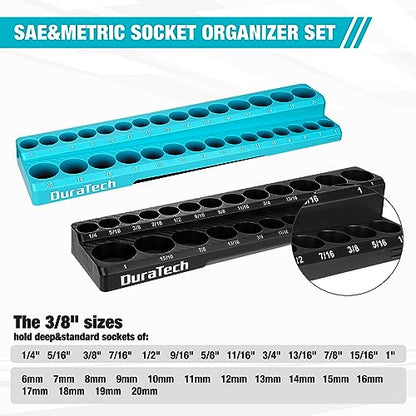 DURATECH Magnetic Socket Organizer Set, 3/8" Drive SAE & Metric Socket Holders, Tool Box & Cart, Holds 56 Standard & Deep Sockets - size: 2pc 3/8" Metric&SAE