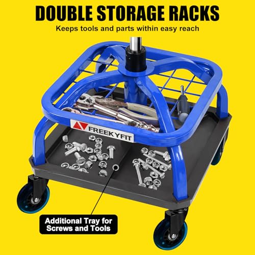 Rolling Stool with Blue Wheels,Heavy Duty Garage Work Mechanic Rolling Shop Stool with Backrest, Adjustable Height 360°Swivel Roller Mechanic Chair with 2 Tool Trays, 330 LBS Capacity - color: Blue Stool With Blue Casters