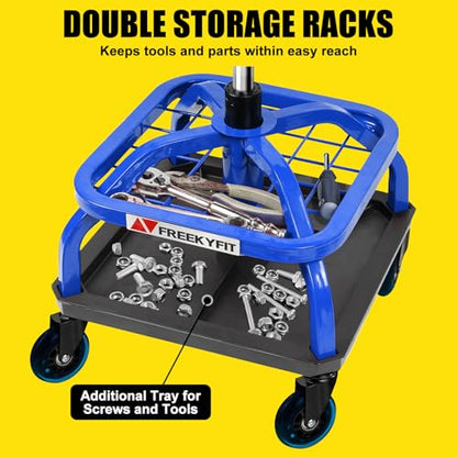 Rolling Stool with Blue Wheels,Heavy Duty Garage Work Mechanic Rolling Shop Stool with Backrest, Adjustable Height 360°Swivel Roller Mechanic Chair with 2 Tool Trays, 330 LBS Capacity - color: Blue Stool With Blue Casters