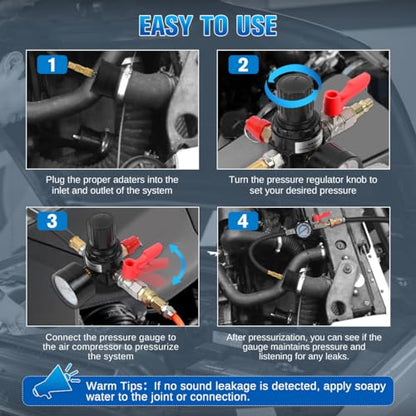 Turbo Boost Leak Tester Kit 10PC Boost Leak Tester Automotive Well-sealed Turbo/Emission/Cooling System Pressure Leakage Tester with 4 Pairs of Stepped Adapters 1-3/8" to 3-1/2", US & EU Air Fitting - style: 10PCS