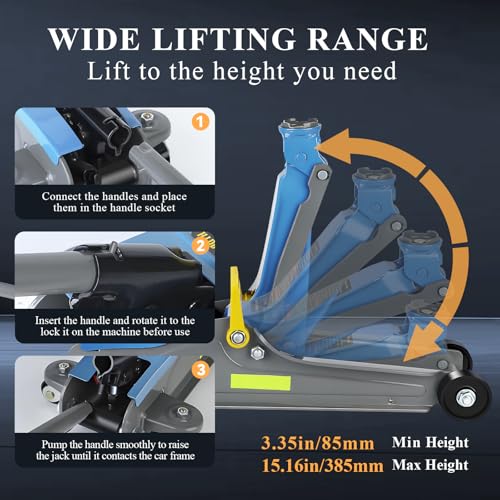 Larbanke 2.5T Floor Jack, Capable of Lifting from 3.35 Inches to 15.16 Inches, with Portable Handle Suitable for Safe Night Use, Low Profile Hydraulic Jack with Adjustable Oval Handle, Blue