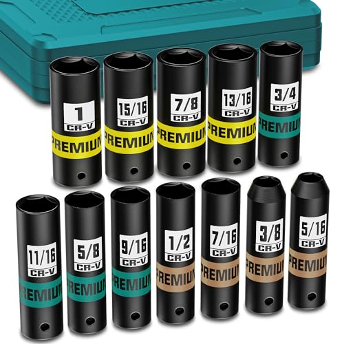 12-Piece 3/8-Inch Drive SAE Impact Deep Socket Set, 5/16 to 1 inch, CR-V, 6 Point, Heavy-Duty Sockets for Impact Wrenches, Automotive and Home - size: 3/8" 12pcs SAE