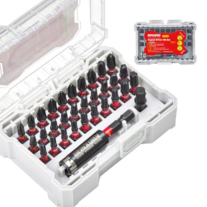 Geinxurn 32Pieces Impact Screwdriver Bits Set, S2 Steel Magnetic Phillips/Square/Torx Muliti Insert Bits Tips Set with Impact Bit Holder and 1/4”Socket Adapter(Beige Storage Box Case) - style: FQ032025-ABG