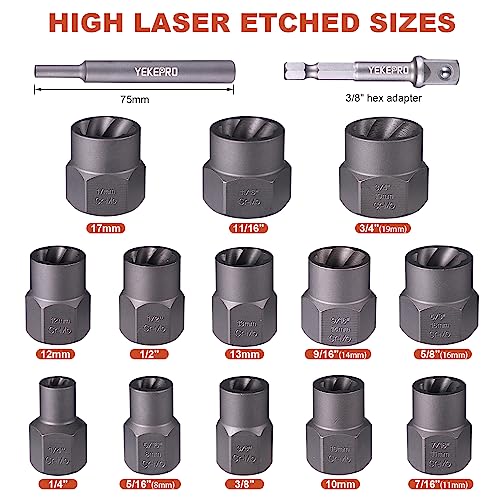 15 PCS Bolt Extractor Set, 3/8" Drive Impact Bolt & Nut Remover Socket Tool Kit, Stripped For Damaged, Frozen, Studs, Rusted, Rounded-Off Bolts, Nuts & Screws, Cr-Mo Steel, T38215 - size: 15-Piece Bolt Extractor Set