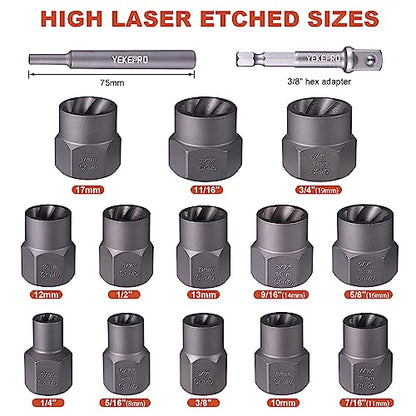 15 PCS Bolt Extractor Set, 3/8" Drive Impact Bolt & Nut Remover Socket Tool Kit, Stripped For Damaged, Frozen, Studs, Rusted, Rounded-Off Bolts, Nuts & Screws, Cr-Mo Steel, T38215 - size: 15-Piece Bolt Extractor Set