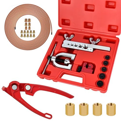 MuHize 25 ft 3/16" Copper Coated Brake Line Kit, Brake Line Flaring Tool | Includes 16 fittings and 4 unions fittings + double & single flaring tool kit + tube cutter + 5 adapters & tube bender - size: Gold Brake Line Tool Kit with Tube Cutter