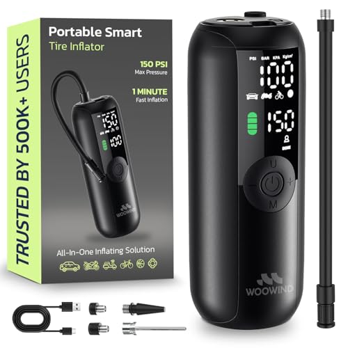 Woowind LP1 Bike Pump Portable Air Compressor, Tire Inflator for Car, 1 Minute Inflation, 150PSI Air Pump for Car Tires, Bikes, Motorcycles, Balls - with Digital Pressure Gauge