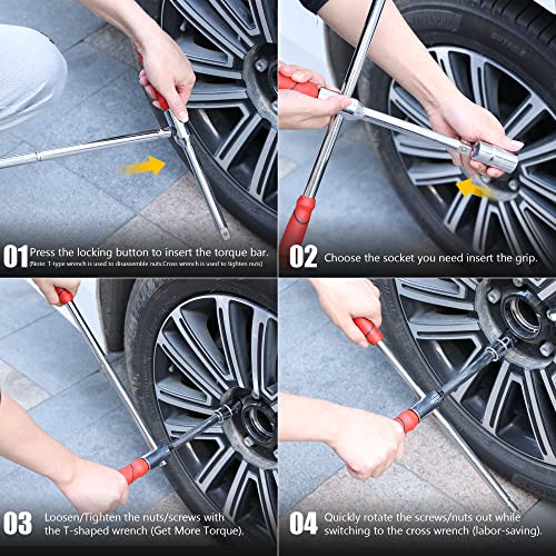 MAXPOWER Lug Wrench, Tire Wrench With 1/2-Inch Drive and 2PCS Standard Sockets (17 mm/19 mm, 21 mm/23 mm), Detachable Rapid Cross Lug Nut Wrench With Storage Box