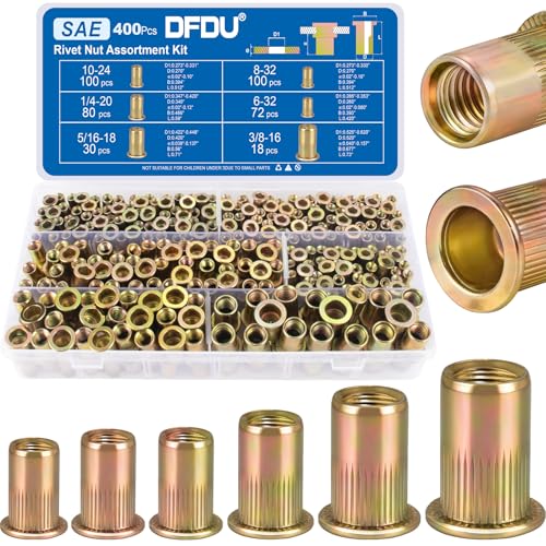 400Pcs SAE Rivet Nut Kit, UNC Threaded Insert Nutsert Set, 6-32 8-32 10-24 1/4"-20 5/16"-18 3/8"-16 Flat Head Carbon Steel Zinc Plated Rivnuts for Metal Sheet Fasteners - size: SAE kits 400pcs