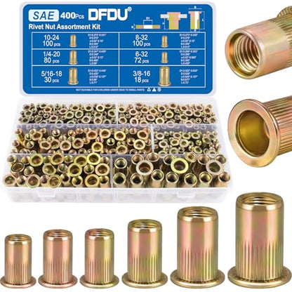 400Pcs SAE Rivet Nut Kit, UNC Threaded Insert Nutsert Set, 6-32 8-32 10-24 1/4"-20 5/16"-18 3/8"-16 Flat Head Carbon Steel Zinc Plated Rivnuts for Metal Sheet Fasteners - size: SAE kits 400pcs