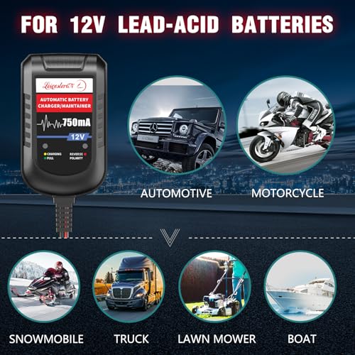 [4-Pack] 12V 750mA Trickle Charger for Car Battery, Automatic Smart Battery Maintainer & Float Charger for Motorcycle, Boat, Lawn Mower, Marine SLA AGM Gel Lead Acid Batteries