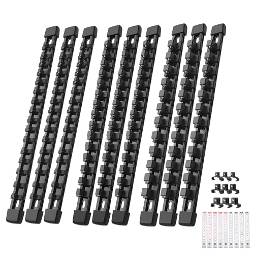 Reniteco 9-Pack Socket Organizer Set, 1/4" x 48 3/8" x 45 1/2" x 36 Clips | 129 Clip Capacity, Havy-Duty ABS Socket Rails, Removable Clips, Drive Socket Storage, Toolbox Drawer or Wall Mount - color: Black, size: 9 Pcs