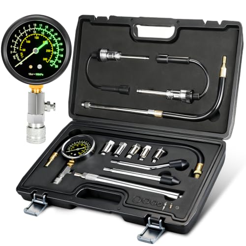 BETOOLL 13PCS Compression Tester Kit with Fluorescent 300PSI Triple-Scale Gauge & 2 Spark Plug Testers, Automotive Engine Cylinder Pressure Gauge for Gas Car Truck ATV Small Engines