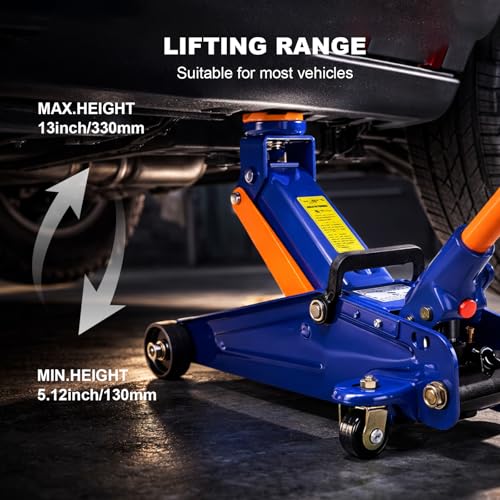 PONO Heavy Duty Low Profile Floor Jack - 2 Ton (4000 LBS) Capacity, 5.31''-13.2'' Single Pump Quick Lift Hydraulic Car Jack with Detachable Handle and Safety Valve for Low Cars Garage DIY Tire Change