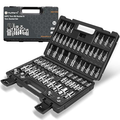 MulWark Torx Socket Set 64-Piece | 3/8, 1/4, 1/2 in. Drive Bit Socket Set and External Torx Socket Set w./ Impact Adapter and Reducer | S2 and Cr-V Steel - style: 64PC Master Torx Bit Socket Set