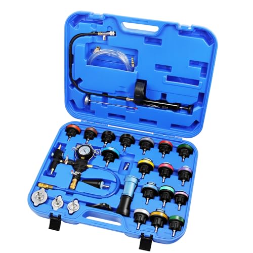JIFETOR Radiator Pressure Leak Tester Coolant Vacuum Refill Tool 28PCS Kit | Universal Automotive Water Tank Leakage Test Detector & Cooling System Pneumatic Purge Coolant Change Set 21PCS Adapter Caps - color: Blue Case