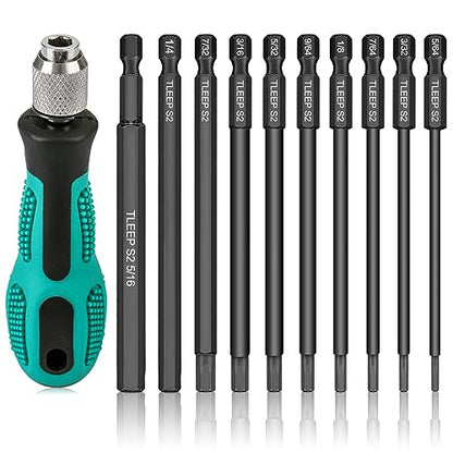 1/4 Inch 100mm Long Allen Wrench Drill Bits with 1/4" Quick Change Bit Driver, Sae Hex Screwdriver Set, Magnetic Allen Key Drill Bit Set 5/64"-5/16" S2 Steel Allen Socket Set for Ikea Furniture - color: Set 9: Sae and Quick Change Bit Driver