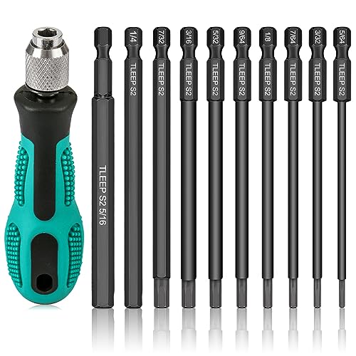 1/4 Inch 100mm Long Allen Wrench Drill Bits with 1/4" Quick Change Bit Driver, Sae Hex Screwdriver Set, Magnetic Allen Key Drill Bit Set 5/64"-5/16" S2 Steel Allen Socket Set for Ikea Furniture - color: Set 9: Sae and Quick Change Bit Driver