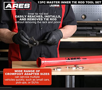 ARES 12109 – 13 Piece Master Inner Tie Rod Tool Set – Includes 12 Chrome Moly Crowfoot Wrench Adapters – Service Inner Tie Rods Without Removing Rack and Pinion – Includes Storage Case - size: 13 Piece Master Inner Tie Rod Tool Set