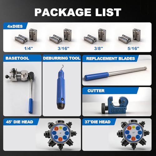 Brake Line Flaring Tool Kit, 37° & 45° Double/Bubble/Single Flares, All-in-One Tubing Flaring Tool with Cutter & Deburring Tool, for 3/16"–3/8" Brake, Fuel & Transmission Lines