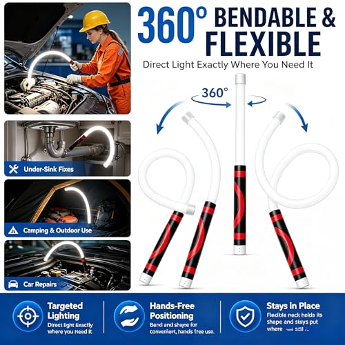 Rechargeable Bendable LED Work Light Stick, 3 Adjustable Brightness Modes, 360 Flexible Neck High Lumen Torch for Mechanics Car Repair Narrow Spaces