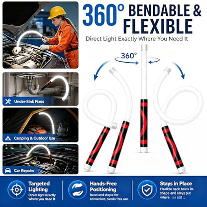 Rechargeable Bendable LED Work Light Stick, 3 Adjustable Brightness Modes, 360 Flexible Neck High Lumen Torch for Mechanics Car Repair Narrow Spaces