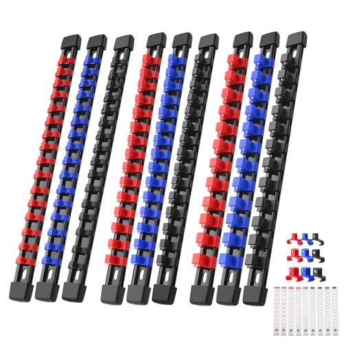Reniteco 9-Pack Socket Organizer Set, 1/4" x 48 3/8" x 45 1/2" x 36 Clips | 129 Clip Capacity, Havy-Duty ABS Socket Rails, Removable Clips, Drive Socket Storage, Toolbox Drawer or Wall Mount - color: Blue&red&black, size: 9 Pcs