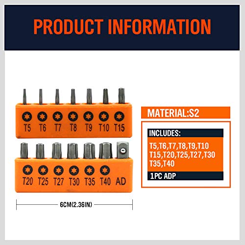 HORUSDY 14-Piece Tamper Resistant Star Bits, S2 Alloy Steel, T5 - T40 Security Torx Bit Set - style: 14-Piece