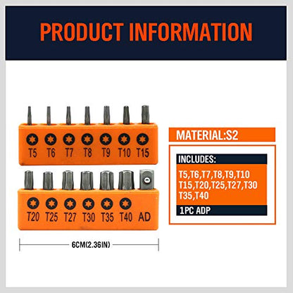 HORUSDY 14-Piece Tamper Resistant Star Bits, S2 Alloy Steel, T5 - T40 Security Torx Bit Set - style: 14-Piece