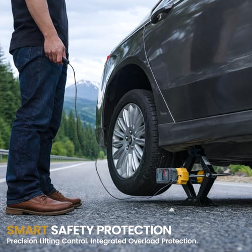 Dual Power Electric Car Jack Compatible with Dewalt 20V MAX Battery | w/ 4.0Ah Battery & 12V DC Backup, 1 Ton, 5.5-15.7in Lifting Range, Heavy Duty Steel Cordless Jack for Emergency Tire Change