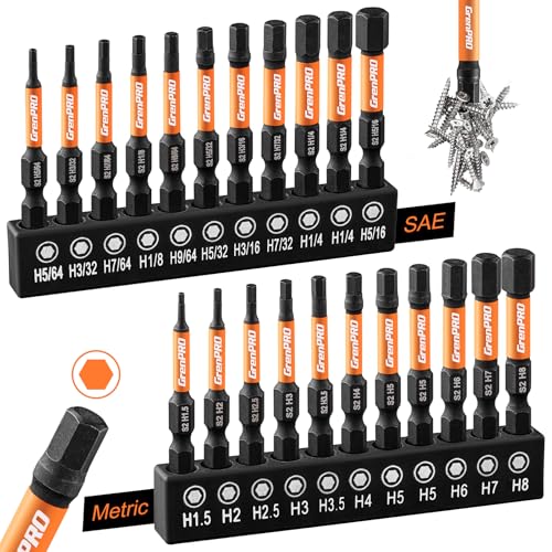GRENPRO Allen Wrench Drill Bit Set 22pc Hex Bit Set, Impact Driver Bit Set, Screwdriver Bit Set, Allen Wrenches Sets, Allen Socket Set, 2" Long Metric&SAE 1/4" Hex Shank Magnetic Allen Key Drill Bits - size: 2" 22pcs(Metric&SAE)