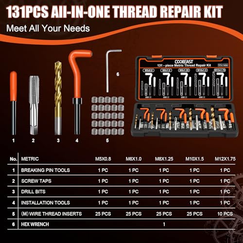 coobeast 131PCS Thread Repair Kit, Metric Helicoil Repair Kit with HSS Drill Bits, 304 Stainless Steel Thread Insert & Rethreading Tool Set in M5 M6 M8 M10 M12 for Automotive Engine Spark Plug Repair - size: Metric131pc