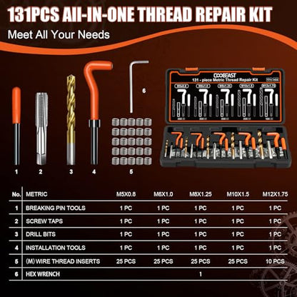 coobeast 131PCS Thread Repair Kit, Metric Helicoil Repair Kit with HSS Drill Bits, 304 Stainless Steel Thread Insert & Rethreading Tool Set in M5 M6 M8 M10 M12 for Automotive Engine Spark Plug Repair - size: Metric131pc