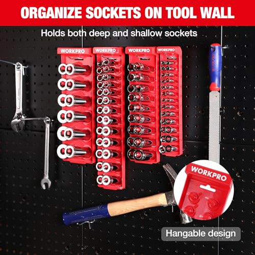 WORKPRO Socket Organizer Set, 4PC 1/4" 3/8" 1/2" Drive SAE Socket Holder | Fits Impact Sockets, Holds 82 Pieces Sockets, Large Capacity, Clear Size Identification, Socket not Included - size: 4 Pieces-1/4", 3/8", & 1/2" DR, SAE