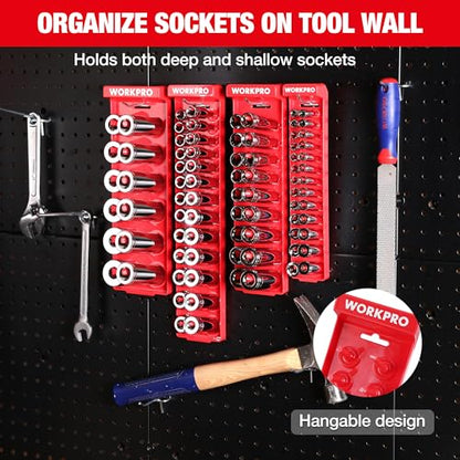 WORKPRO Socket Organizer Set, 4PC 1/4" 3/8" 1/2" Drive SAE Socket Holder | Fits Impact Sockets, Holds 82 Pieces Sockets, Large Capacity, Clear Size Identification, Socket not Included - size: 4 Pieces-1/4", 3/8", & 1/2" DR, SAE