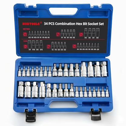 Master Hex Bit Socket Set S2 Steel Allen Sockets Bit SAE and Metric Torx Bit CRV Socket Tool Allen Wrench Bit Kit 1/2" 3/8" 1/4" Drive Automotive Bike Motorcycle and ATV 34 Pieces