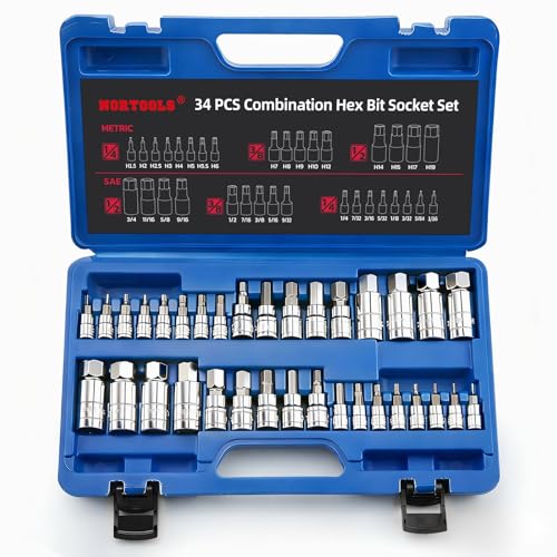 Master Hex Bit Socket Set S2 Steel Allen Sockets Bit SAE and Metric Torx Bit CRV Socket Tool Allen Wrench Bit Kit 1/2" 3/8" 1/4" Drive Automotive Bike Motorcycle and ATV 34 Pieces