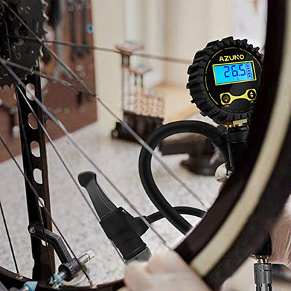 AZUNO Digital Bicycle Tire Inflator Gauge, Auto-Select Presta & Schrader | 200 PSI Digital Gauge, Auto-Select Valve, Air Compressor Ready, Brass Chuck, Rubber Hose, Oxford Storage Bag - size: Digital