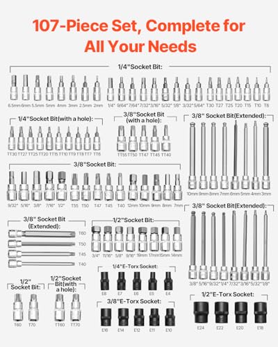 VEVOR Bit Socket Set, 107-Piece SAE and Metric, Hex/Torx/External Torx/Tamper-Proof/Extra Long, S2 Alloy Steel and Cr-V Steel, 1/4 in, 3/8 in, and 1/2 in Drives, with Enhanced Storage Case, Hand Use - style: 107 PCS Hex & Torx & E-Torx