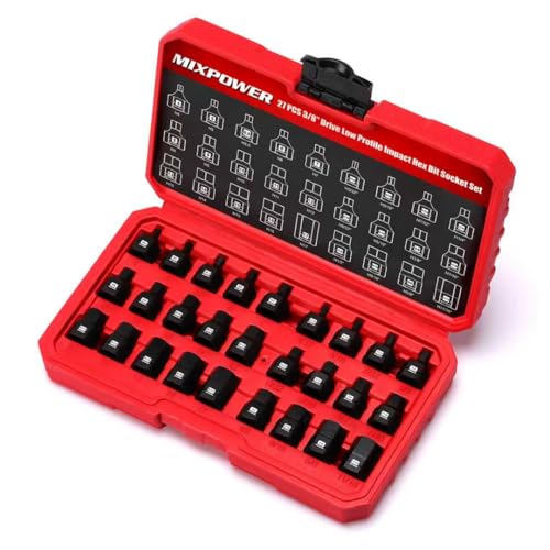 MIXPOWER 27-Piece 3/8" Drive Stubby Impact Hex Bit Socket Set,SAE/Metric, 5/32"-11/16",4mm-17mm, S2 Steel Air Drive Low Profile Socket Set,Impact Grade,Anti-Roll Design - size: 27 PCS 3/8"Drive:5/32"-11/16",4-17mm