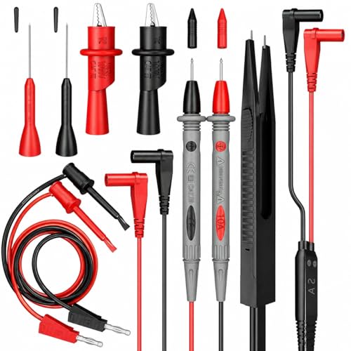 Professional Multimeter Test Leads Kit – 1000V 10A CAT III/IV – Includes Replaceable Gold-Plated Sharp Needle Probes, Alligator Clips, and Banana Plug Extension Cables for Electrical Testing