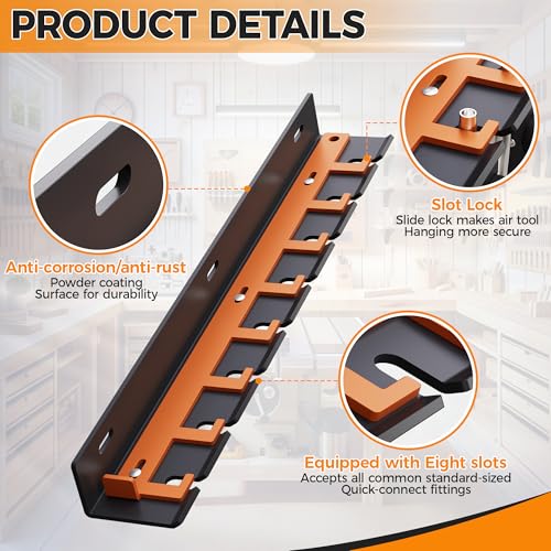 Air Tool Pneumatic Tool Holder,Wall Mount Air Tool Rack,Lockable Air Tool Hanger for Garage Shop Storage Organize,Fit 1/4" Standard Connection Accessories,Comes with Eight Slots