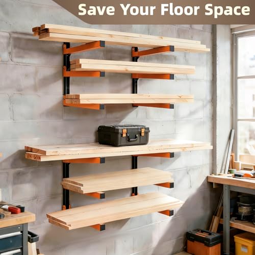 Wall Mounted Lumber Storage Rack and Wood Organizer with 6-Level Holds Up 1320 LBS, Heavy Duty Steel Shelf Brackets for Garages Workshops & Outdoor Sheds, Space Saving Metal Wall Rack
