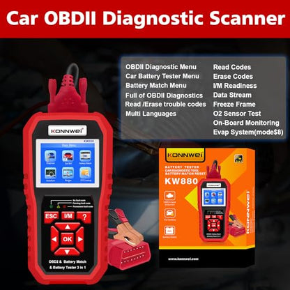 KONNWEI KW880 OBD2 Scanner Full System Car Diagnostic Tool, Check Engine Light Reset, Live Data, DTC Lookup, Battery Health Check, OBDII EOBD Scanner for 2000+ Cars & Trucks, Auto Diagnostics Tool