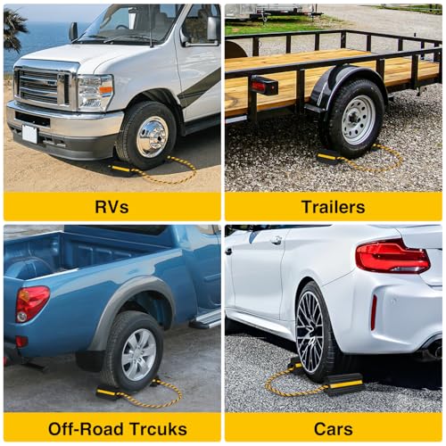 Nilight Wheel Chocks RV Car Heavy Duty Rubber Tire Chock Blocks Stopper Yellow Reflective Strips Stabilizer 4 Pack with Rope for RVs Cars Travel Trailers Campers Trucks Motorcycle Accessories Parking - size: 4 Pack Wheel Chocks
