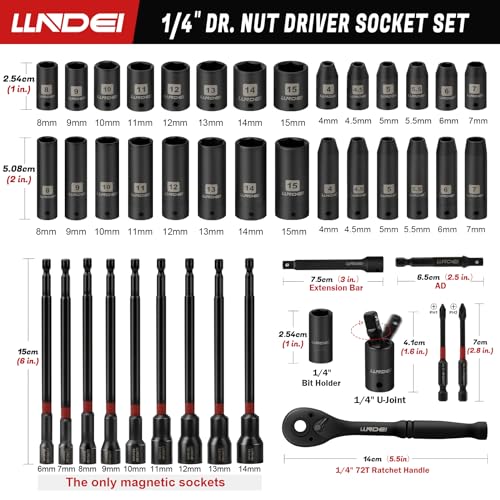 LLNDEI 1/4" Drive Socket Set & Nut Driver Set 44PCS, 1/4-Inch Sockets Deep&Shallow Metric(4-15mm) with Ratchet, 1/4" Hex Shank 6" Long Nut Drivers(6-14mm) for Impact Drill Bits(PH1 PH2) - size: 44PCS Metric