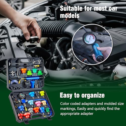 31PCS Coolant Pressure Tester Kit with 22 Radiator Adapters, Cooling System Leak Detector, Vacuum Pump, Vacuum Purge & Refill Tool, Water Tank Leak Test Detector Set for Car -Black
