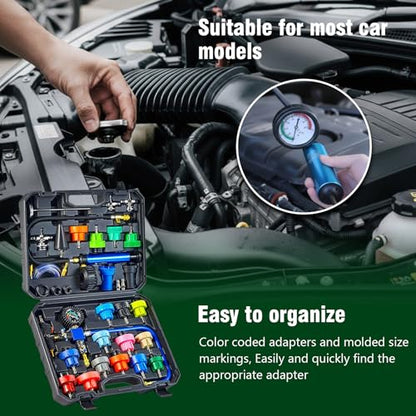 31PCS Coolant Pressure Tester Kit with 22 Radiator Adapters, Cooling System Leak Detector, Vacuum Pump, Vacuum Purge & Refill Tool, Water Tank Leak Test Detector Set for Car -Black